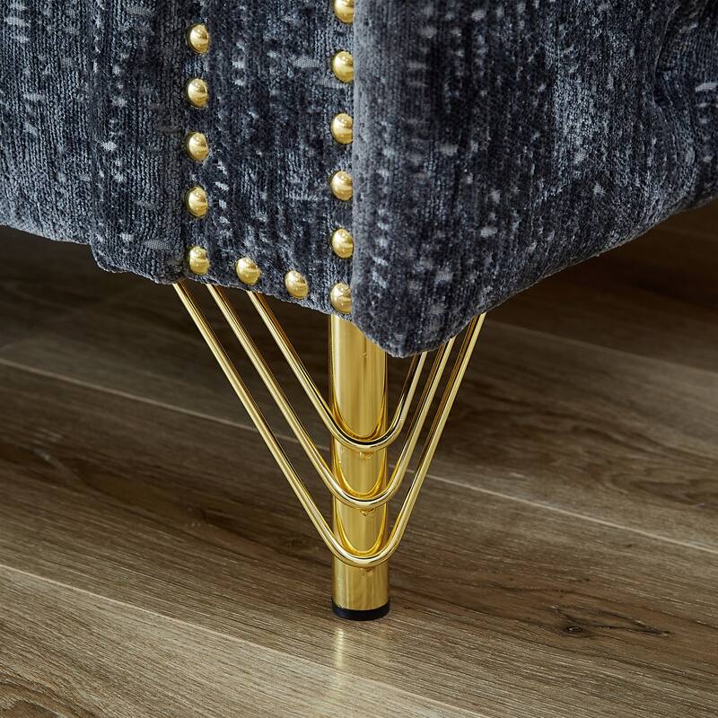 Buttons Tufted Pull Buckle Design Sofa with Copper Nail Decoration Armrest and Metal Legs