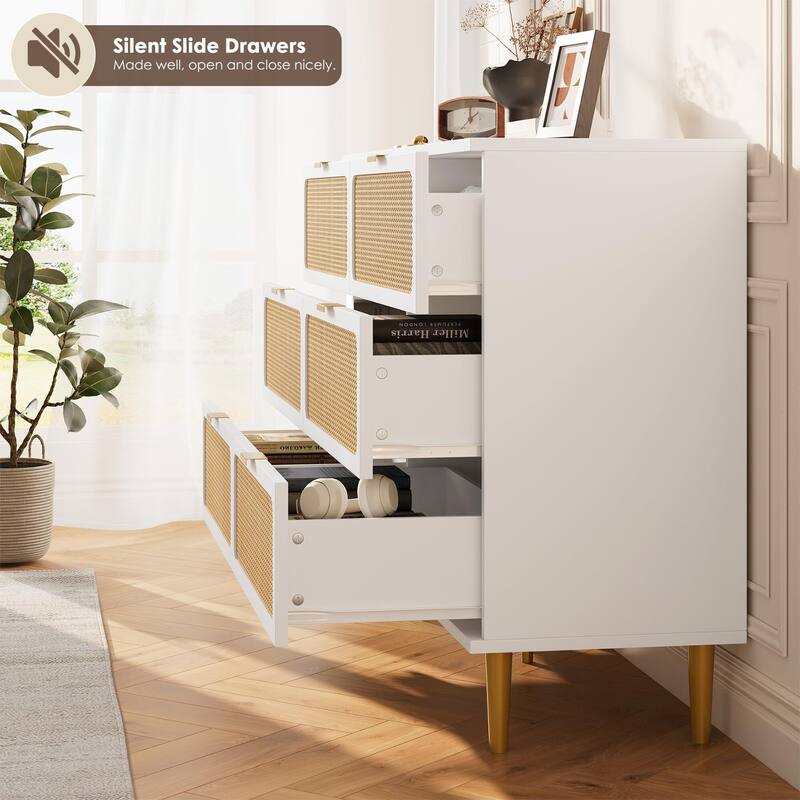 Rattan 6 Drawer Dresser for Bedroom, Large Double Dresser with Deep Drawers