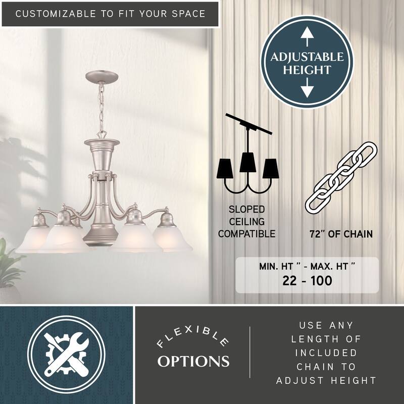 Standford 6L Brushed Nickel Chandelier with Down Light and Switch - 26-in W x 18-in H x 26-in D