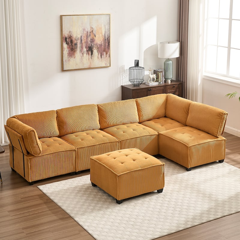 U-Shaped Modular Sectional Sofa, Oversized Corduroy Cloud Couch with Reversible Chaise, Comfy Convertible 6-Seat Corner Couch