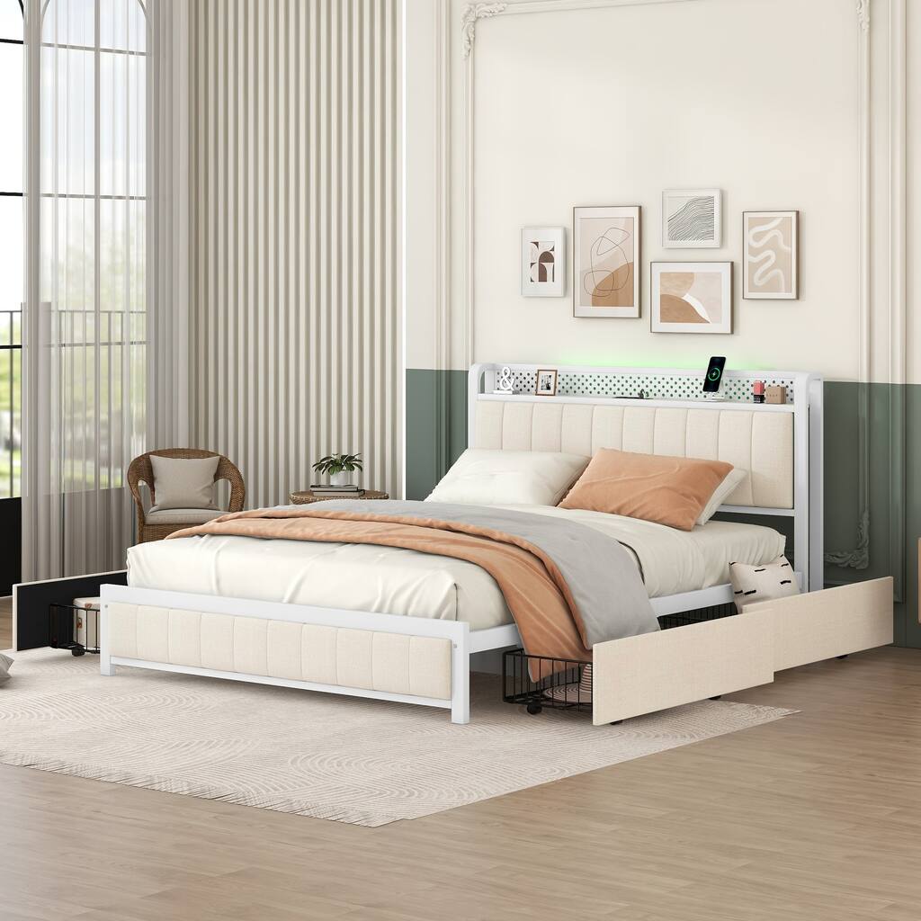 Queen Bed Frame with LED Headboard, 4 Drawers, and USB Ports, Beige
