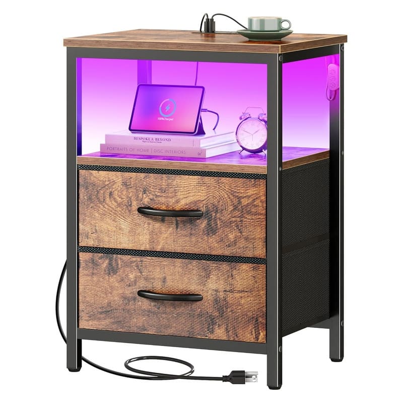 2 Drawer Night stand with Charger Station and LED Lights