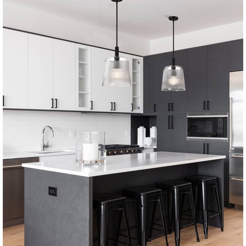 Grayson Large Pendant Matte Black Finish Clear Ribbed Glass - Matte Black