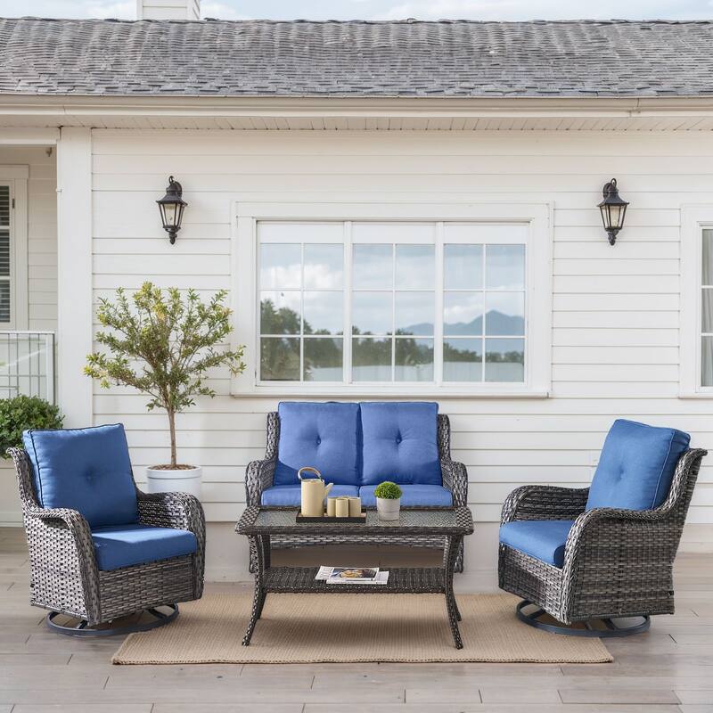Outdoor Swivel Chairs with Loveseat Coffee Table - Grey - Blue