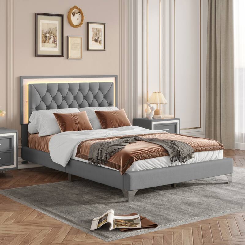 Full Size Upholstered Bed Frame with LED Lights