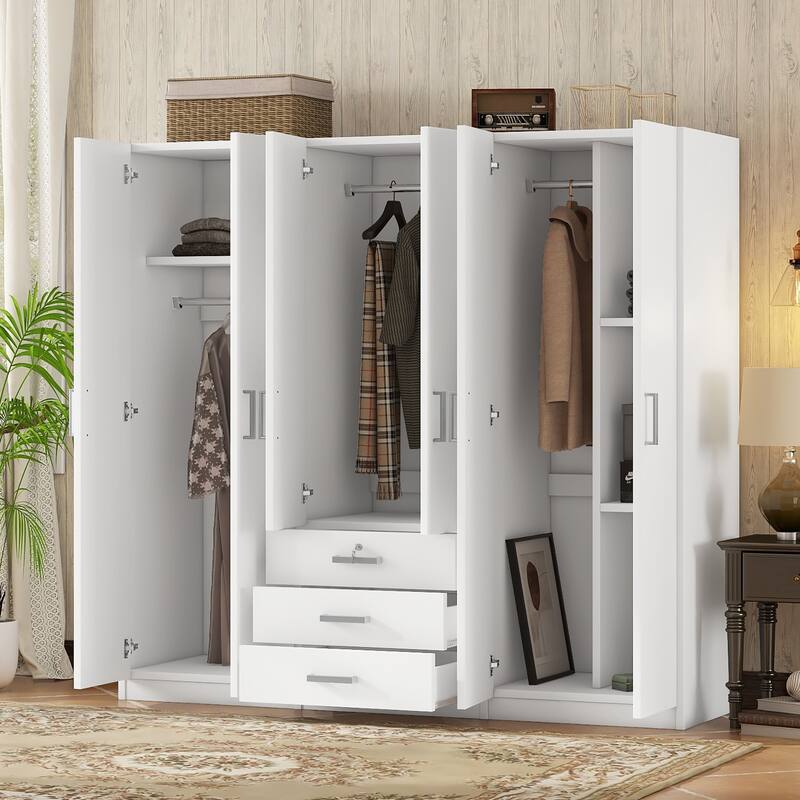 Wardrobe Versatile Storage Cabinet with Drawers, White 6-Doors Bedroom Clothing Storage Cabinet Organizer
