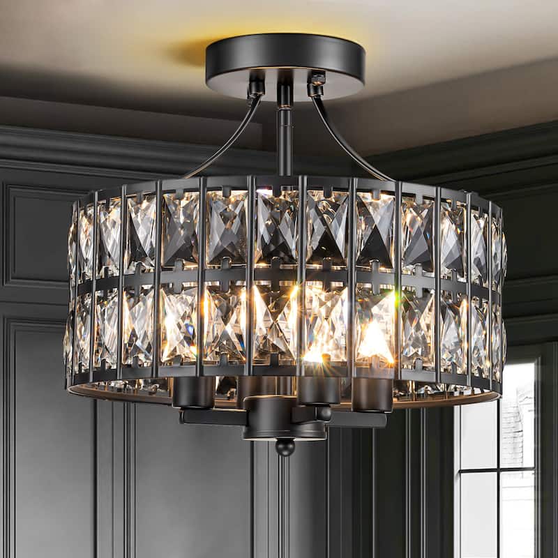 12.5 in. 4-Light Mid-Century Modern Drum Crystal Semi-Flush Mount Ceiling Light - Black