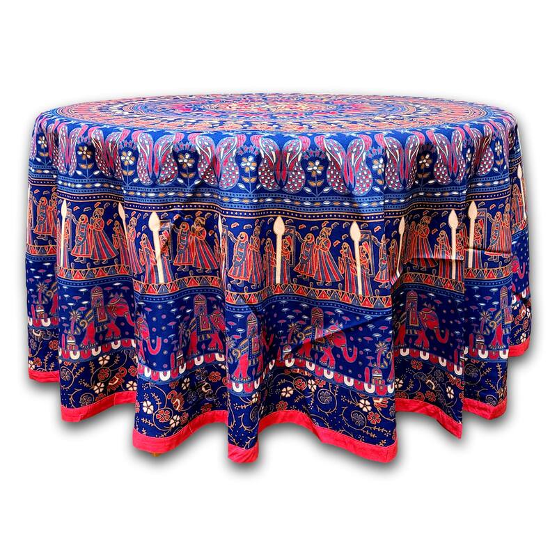 Cotton Traditional Mandala Elephant Floral Tablecloth Round - 81-in Round