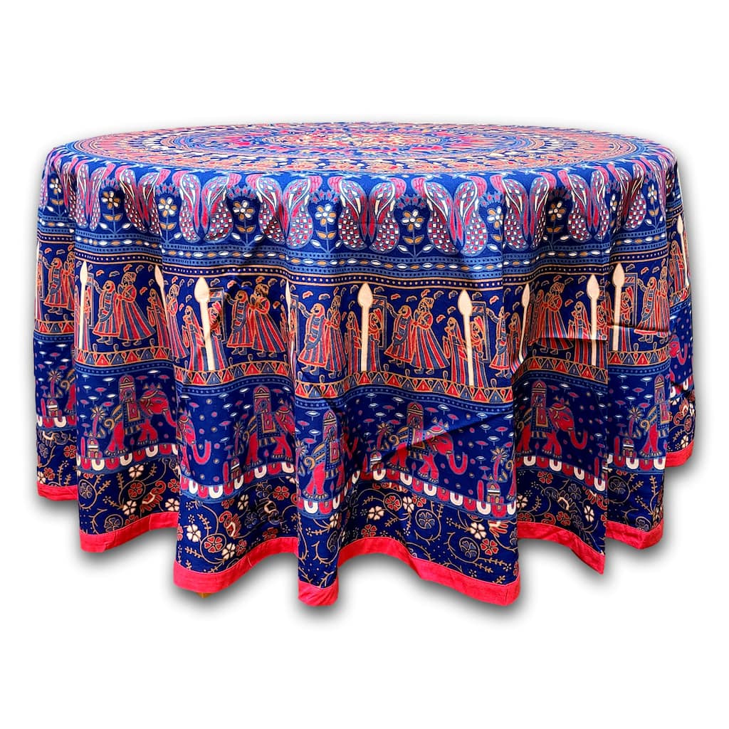 Cotton Traditional Mandala Elephant Floral Tablecloth Round - 81-in Round