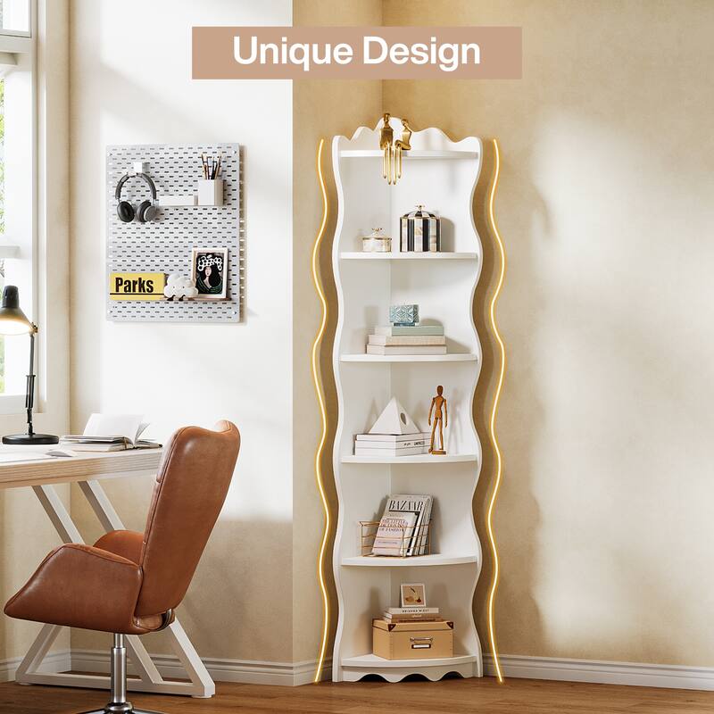 70.8" Tall White Corner Shelf, 6-tier Corner Bookshelf Bookcase - 13.8" D x 13.8" W x 70.8" H