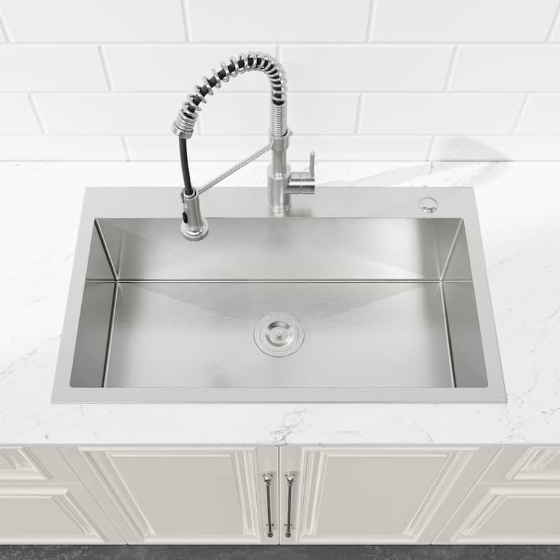Stainless Steel Kitchen Sink, 32″x19″ Single Bowl, Overmount Handmade Sink in Brushed Nickel, with US Standard Drain and Hook