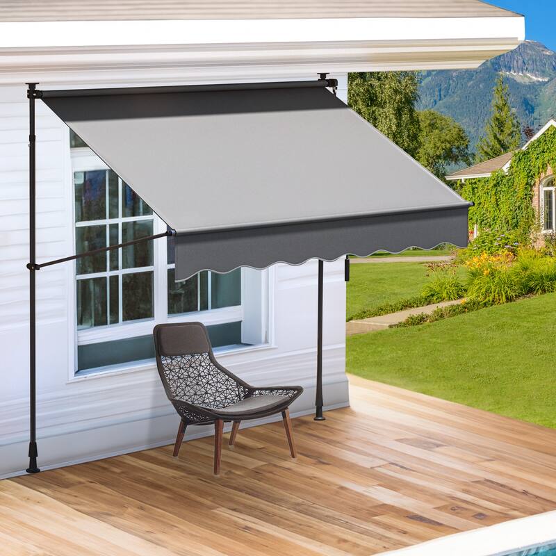 Mosis 13' x 4' Manual Retractable Awning, Non-Screw Freestanding Patio Sun Shade Shelter with Support Pole Stand