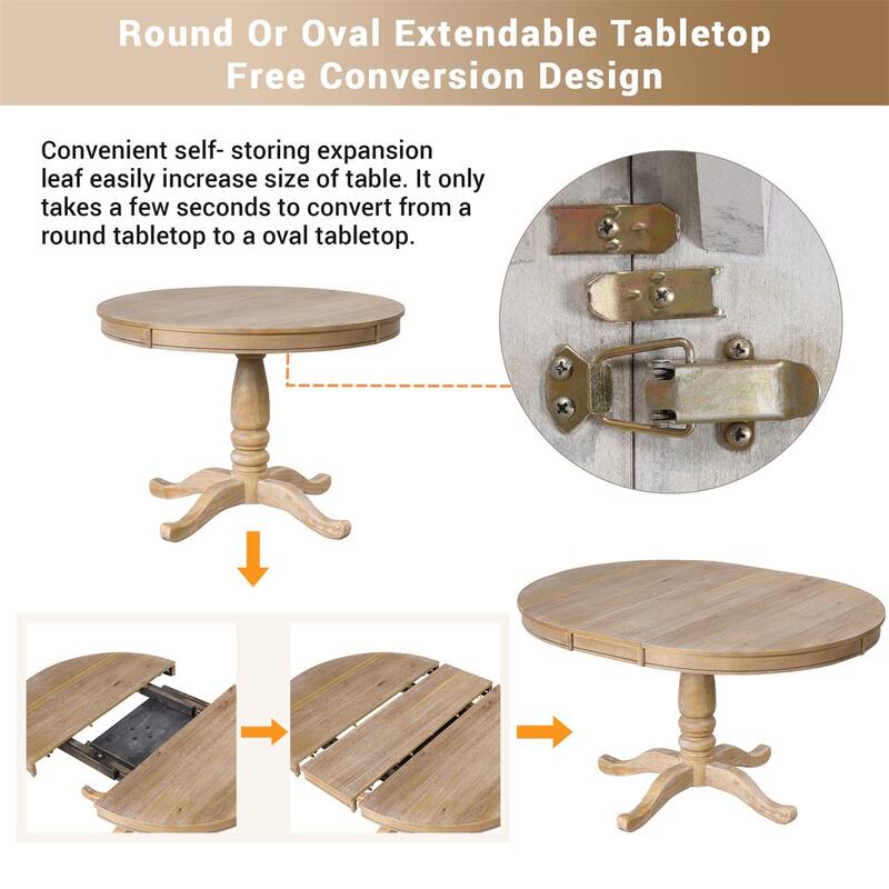 5 PCS Modern Solid Wood Round Extendable Dining Table Set with Chairs