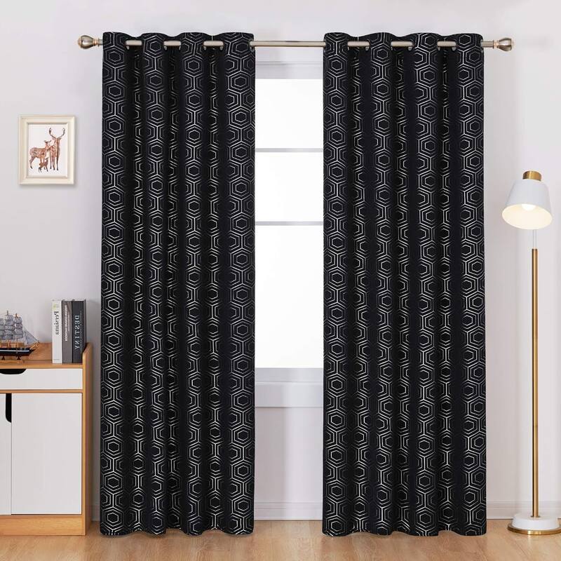 Foil Geometrical Pattern Curtains for Living Room - 52 x 95 Inch - Black