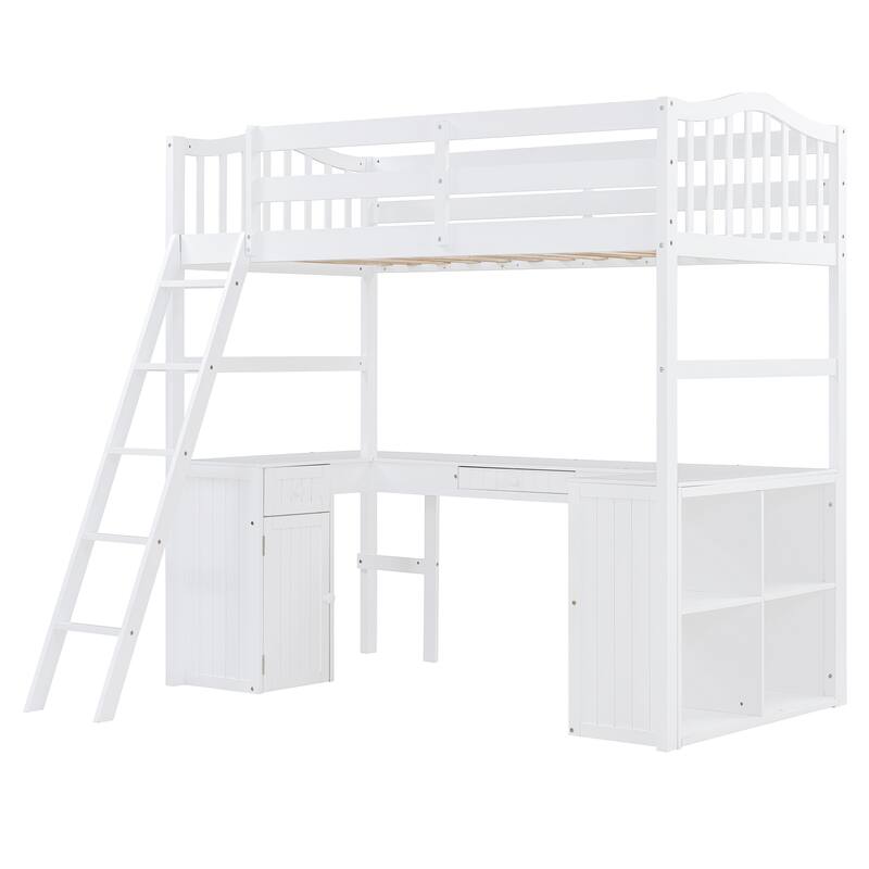 Roomfitters Twin Size Wooden Loft Bed with Desk, Cabinet, Shelves and Storage Drawers, White