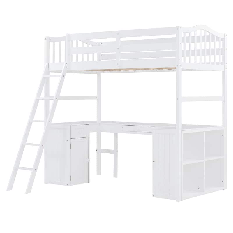 Twin Wood Loft Bed with Desk - Includes Drawers, Cabinet and Multiple Storage Shelves