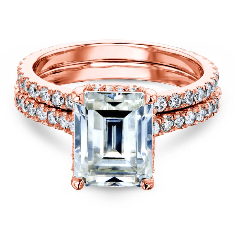 Annello by Kobelli 14k Gold 3 1/6ct TDW 9x7mm Emerald Moissanite and Diamond Drop Halo Bridal Rings Set