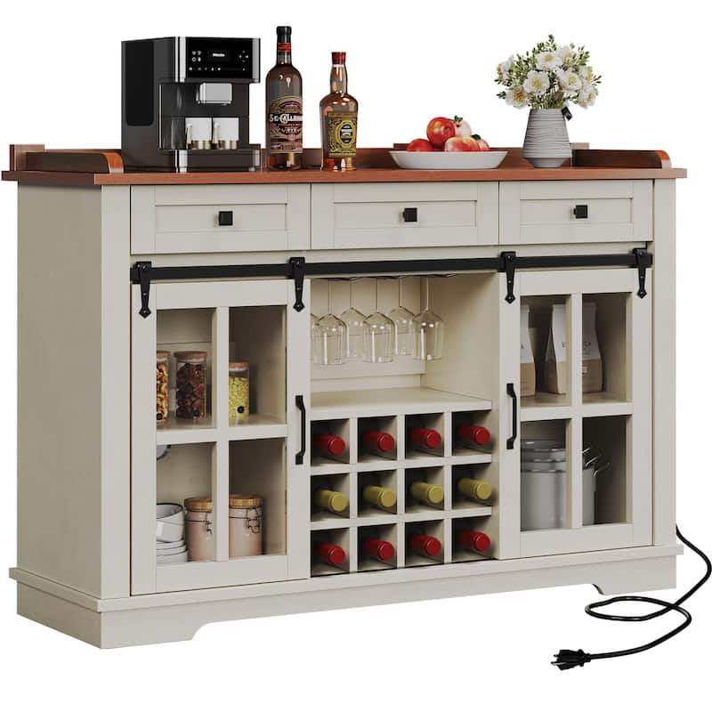 Moasis Sliding Barn Door Wine Bottle Storage with USB Ports and Outlets - White