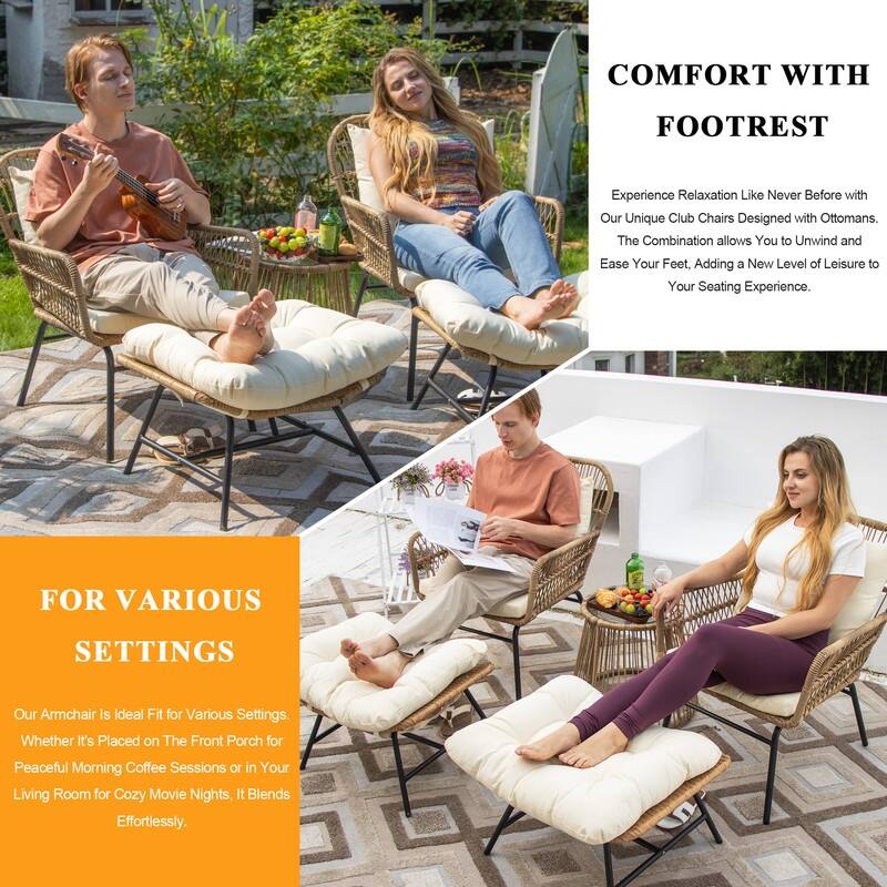5-Piece Outdoor Boho Patio Furniture Set Wicker Sectional Conversation Set with Ottomans and Coffee Table