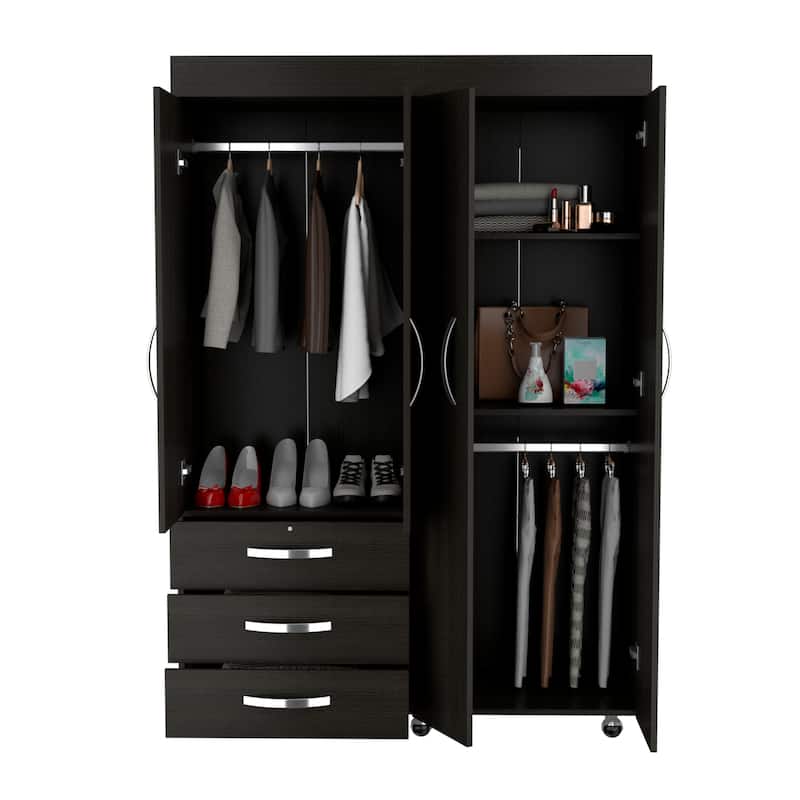 46.9" Modern Mobile Armoire with Hanging Rod, Three Drawers and Two Shelves