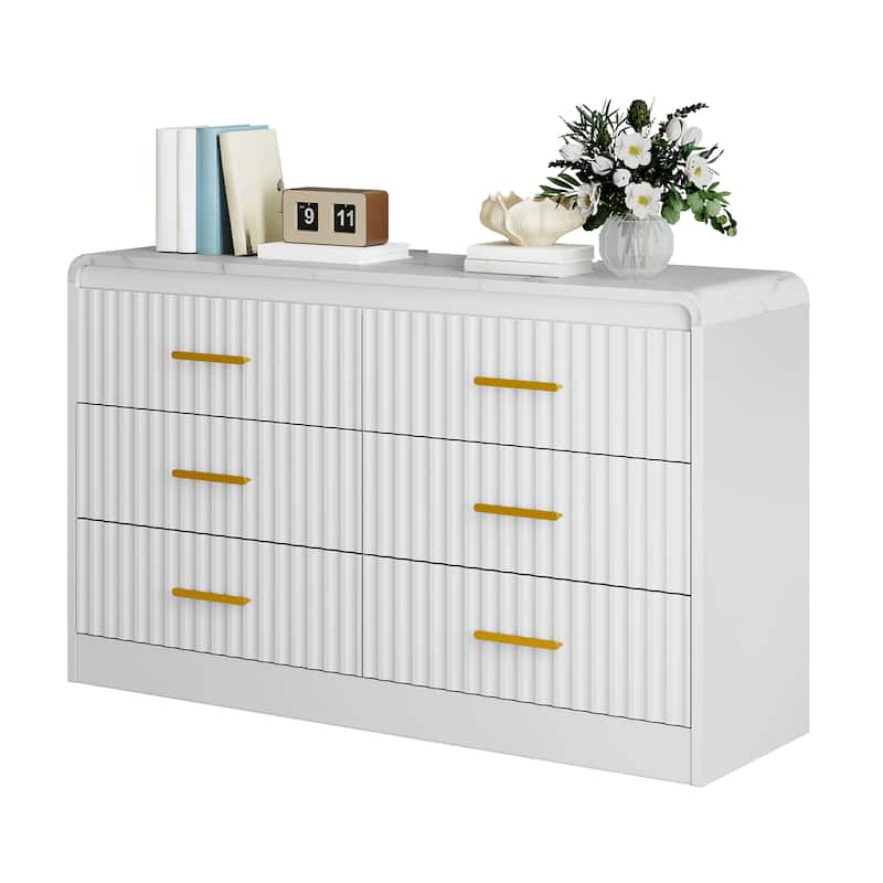 Moasis Fluted Dresser with 6 Drawers, 47" Wide Chest of Drawers with Metal Handle for Bedroom Storage Organizer - White