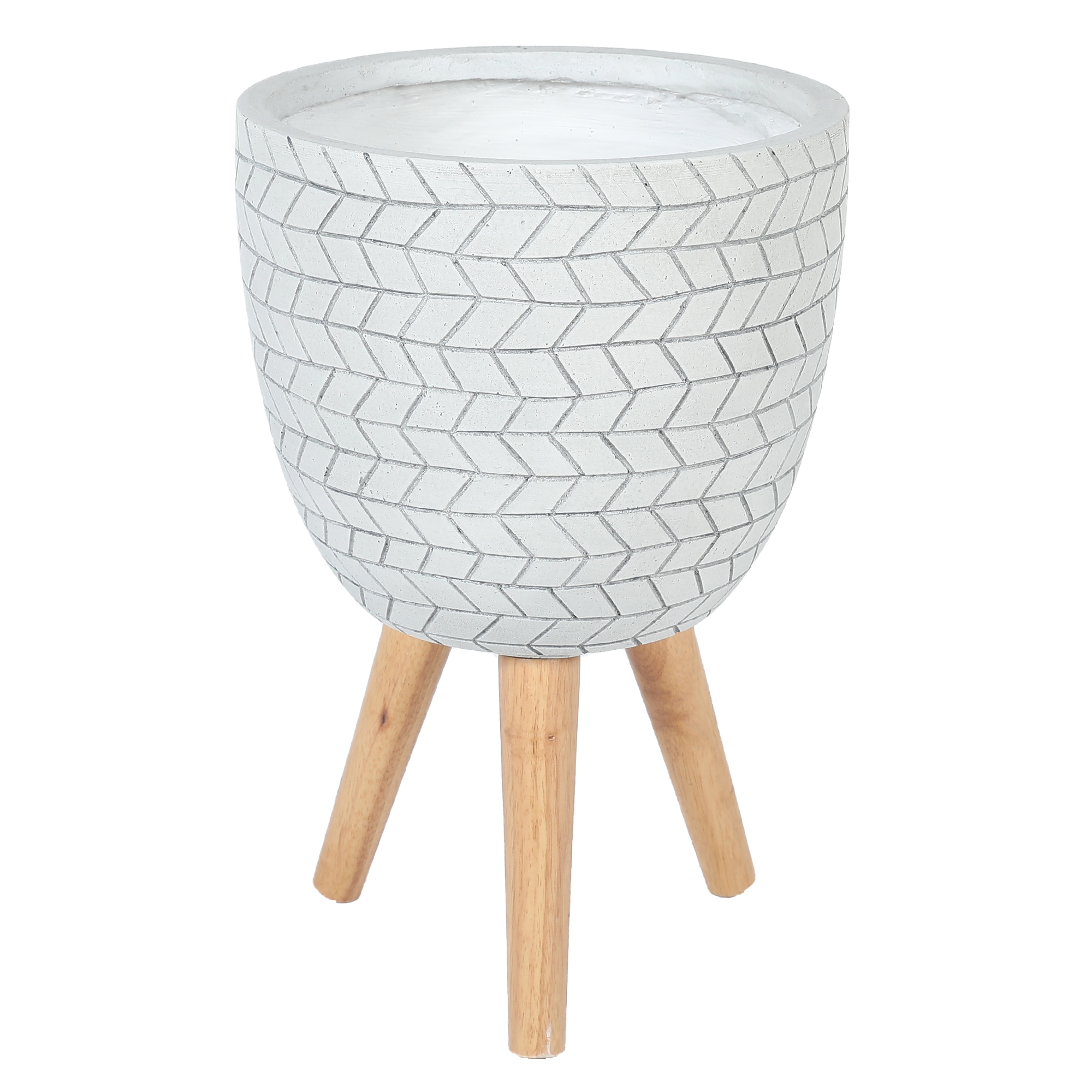 Cube Design White Round MgO Planter with Wood Legs
