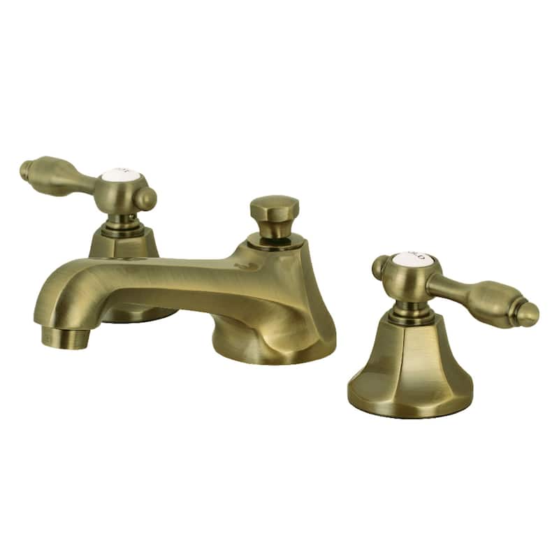 Tudor Widespread Bathroom Faucet with Brass Pop-Up in Brushed Nickel - Antique Brass