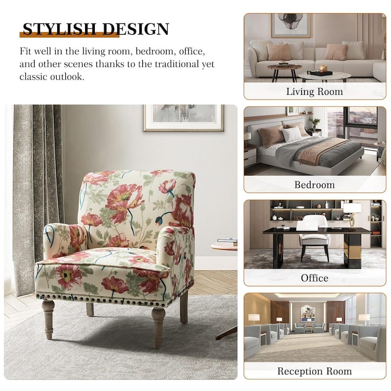 Pavia Traditional Floral Fabric Design Upholstered Accent Armchair with Nailhead Trim Set of 2 by HULALA HOME