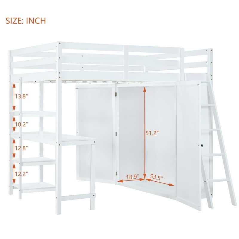 Full Size Wooden Loft Bed with Wardrobe and Desk and Shelves