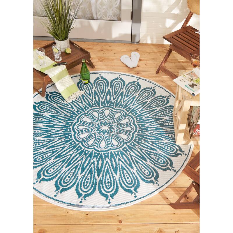 DII Blue Sunflower Outdoor Rug 5 Ft Round