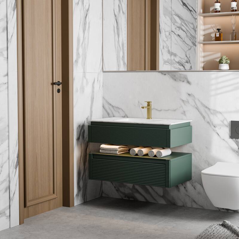 Modland 36" Modern Wall-Mounted Bathroom Vanity with Engineered Stone Countertop & Ceramic Undermount Sink