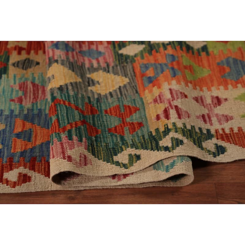 Reversible Kilim Oriental Area Rug Hand-Woven Geometric Wool Carpet - 10'0"x 12'10"
