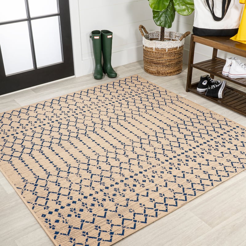 JONATHAN Y Trebol Moroccan Geometric Textured Weave Indoor/Outdoor Area Rug - 5' Square - Beige/Navy