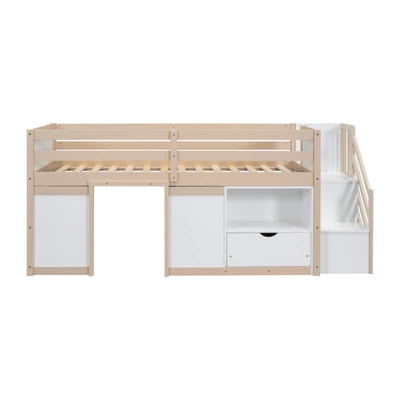 Twin Solid Wood Low Loft Bed with Stair & Drawer