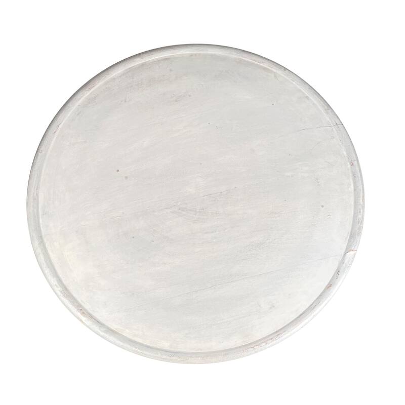 Cato 28 Inch Artisanal Round Mango Wood Coffee Table, Intricate Diamond Lattice Cut Out Frame, Washed White