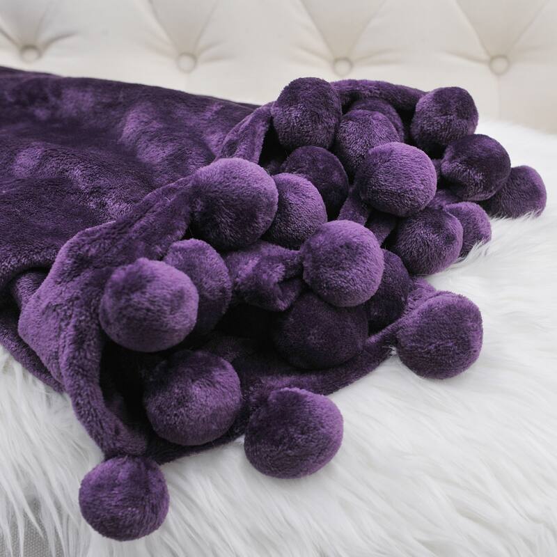 Pompom Flannel Fleece Throw