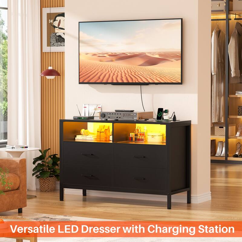 Chest of Drawers with LED Lights and Outlets,Wood Drawer Dresser for Clothes Storage