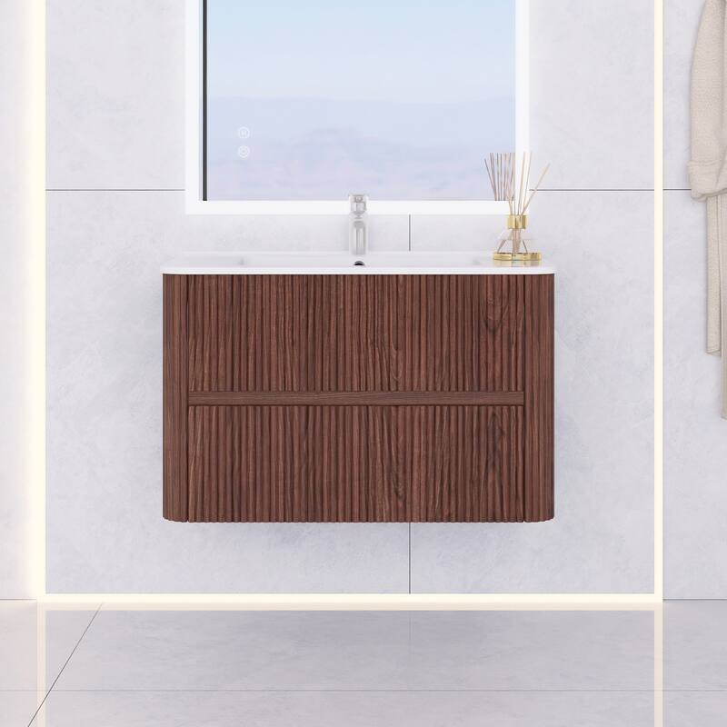 Wall-Mounted Bathroom Vanity in Walnut with Integrated White Ceramic Sink - 29.92'' x 18.31'' x 20.4''
