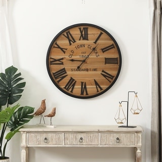Brown and Black Wood Plank Metal Framed Wall Clock - 30" Diameter