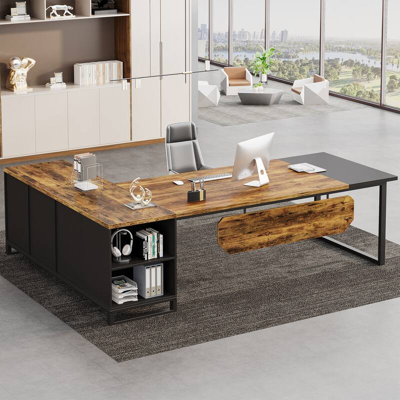 70.8" Executive Desk L-Shaped Office Computer Desk with 55" File Cabinet - Black Brown