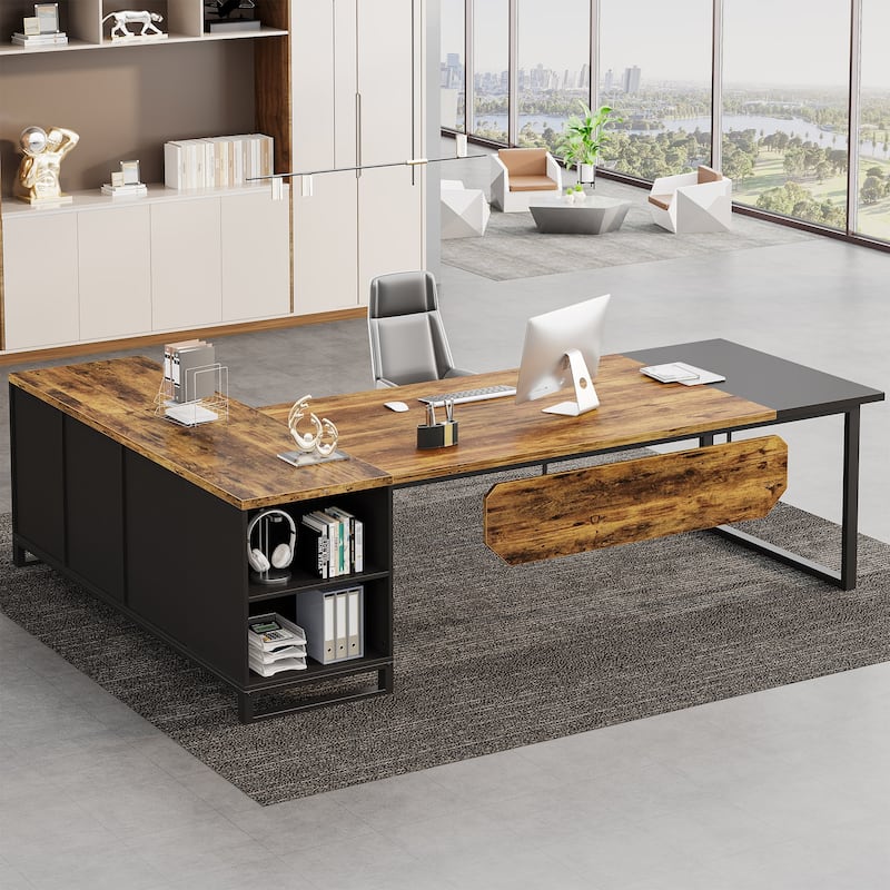 70.8-Inch Executive Desk with 55-Inch File Cabinet, Large L Shaped Computer Desk with Storage Cabinet and Shelves