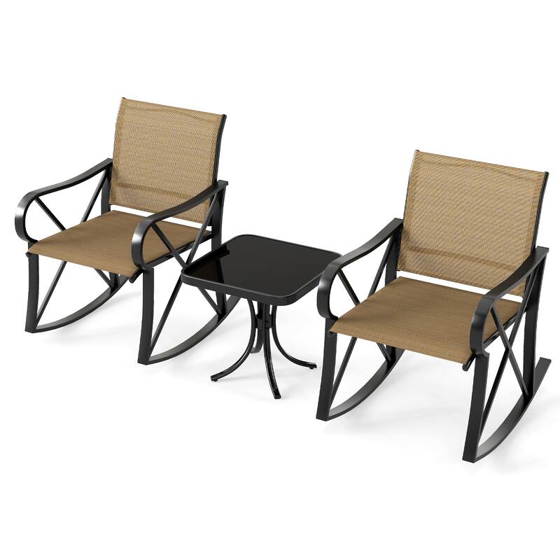 Gymax 3 Piece Patio Rocking Set 2 Rocking Chairs w/ Tempered Glass
