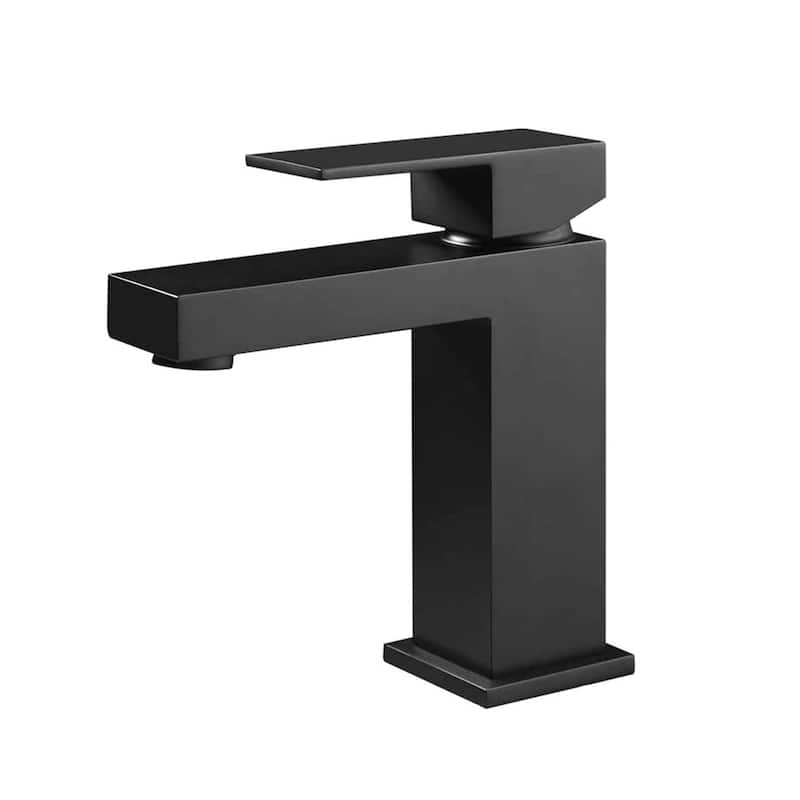 Modern Single Hole Bathroom Faucet, Solid Brass Square Sink Faucet with Pop-Up Drain and Water Supply Hoses - Matte Black