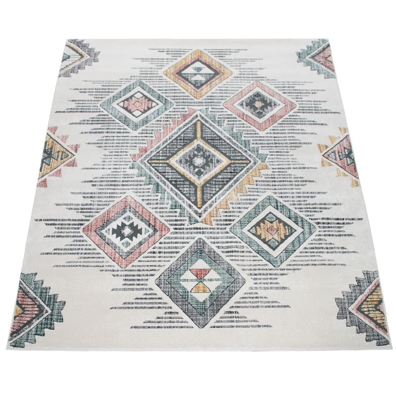 Modern Rug Ethnic Design with colorful pattern, 3D Effect in cream
