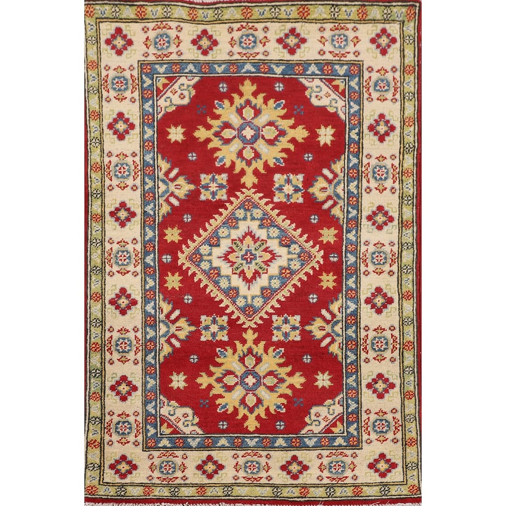 Geometric Red Kazak Accent Rug Handmade Home Decor Wool Carpet - 2'7" x 3'10"