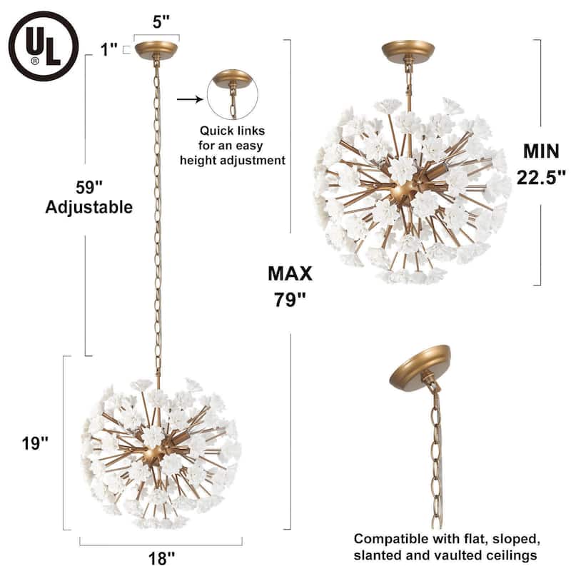 Modern Glam 6-Light Unique Globe Flower Chandelier Ambiance Ceramic Kitchen Island Pendant for Dining Room - D 18''