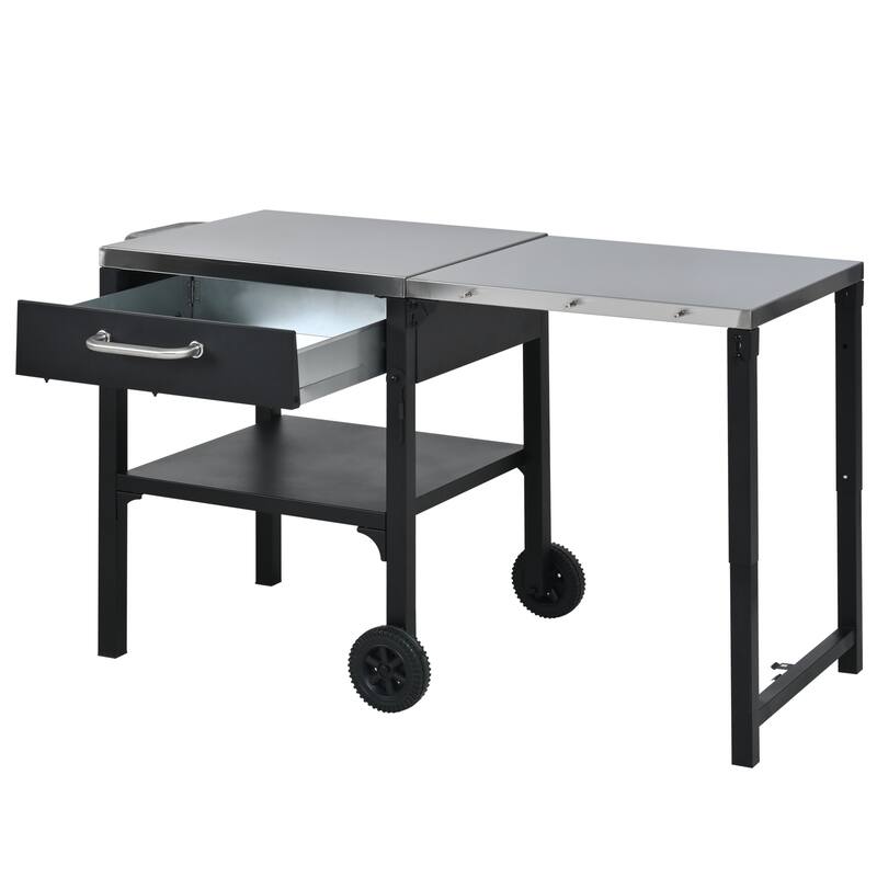 Portable Foldable Outdoor Kitchen Prep Station, BBQ Grill Cart with Expandable Top and Storage for Patio