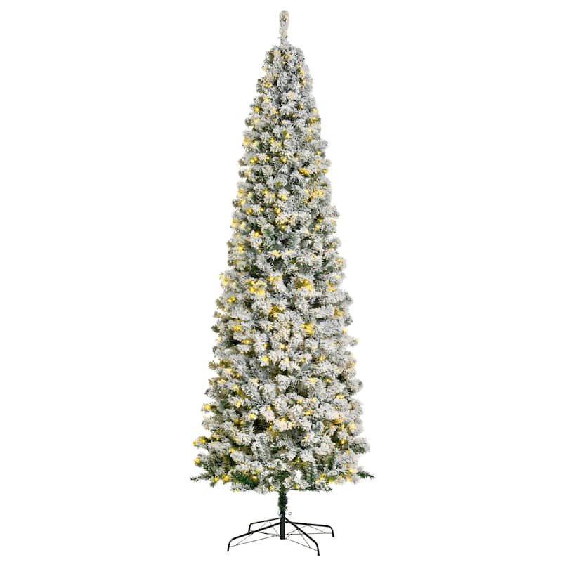 Pre-Lit Snow Flocked Artificial Christmas Tree with Warm LED Lights and Steel Base, Multiple Heights