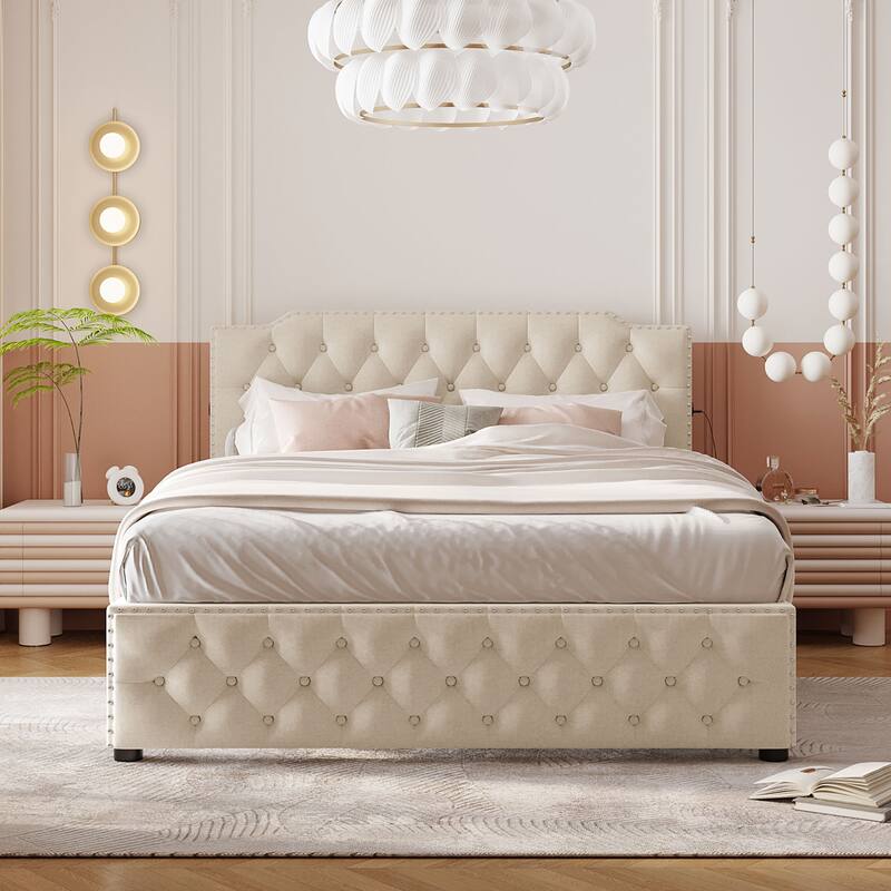 Linen Upholstered Platform Bed Button-Tufted Headboard Wood Panel Bed Frame with 2 Drawers or Trundle Bed, USB on Both Sides - Beige - 2 Drawers - Queen