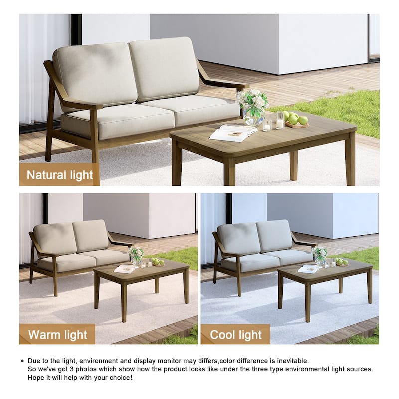 Outdoor Wood Teak Cushioned Patio 2 Seater Loveseat with Coffee Table